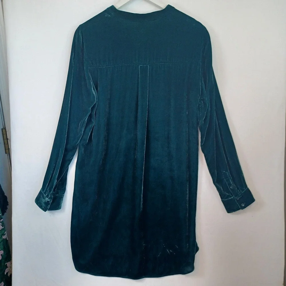 Eileen Fisher Velvet Mandarin Collar Button Front‎ Shirt Dress Size Sm Teal